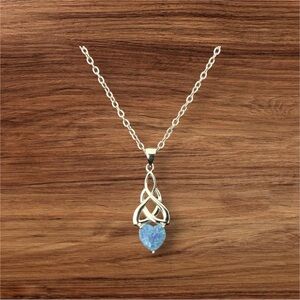925 Sterling Silver Celtic Loveknot Heart Pendant blue Opal Necklace Free Chain